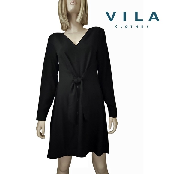 Vila Clothes Black Dress Fit & Flare Long Sleeve Bow Tie and Button Skirt Plunge - Picture 14 of 16